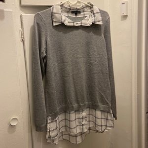 Adriana Papell Medium Sweater Shirt Collar Tunic Grey White Stripe